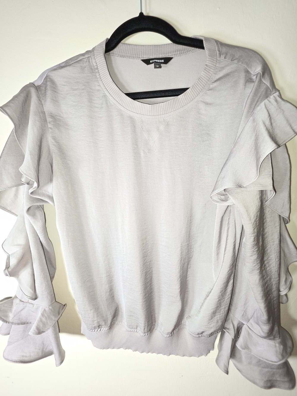 Express Pale Gray Ruffle-Sleeve Pullover